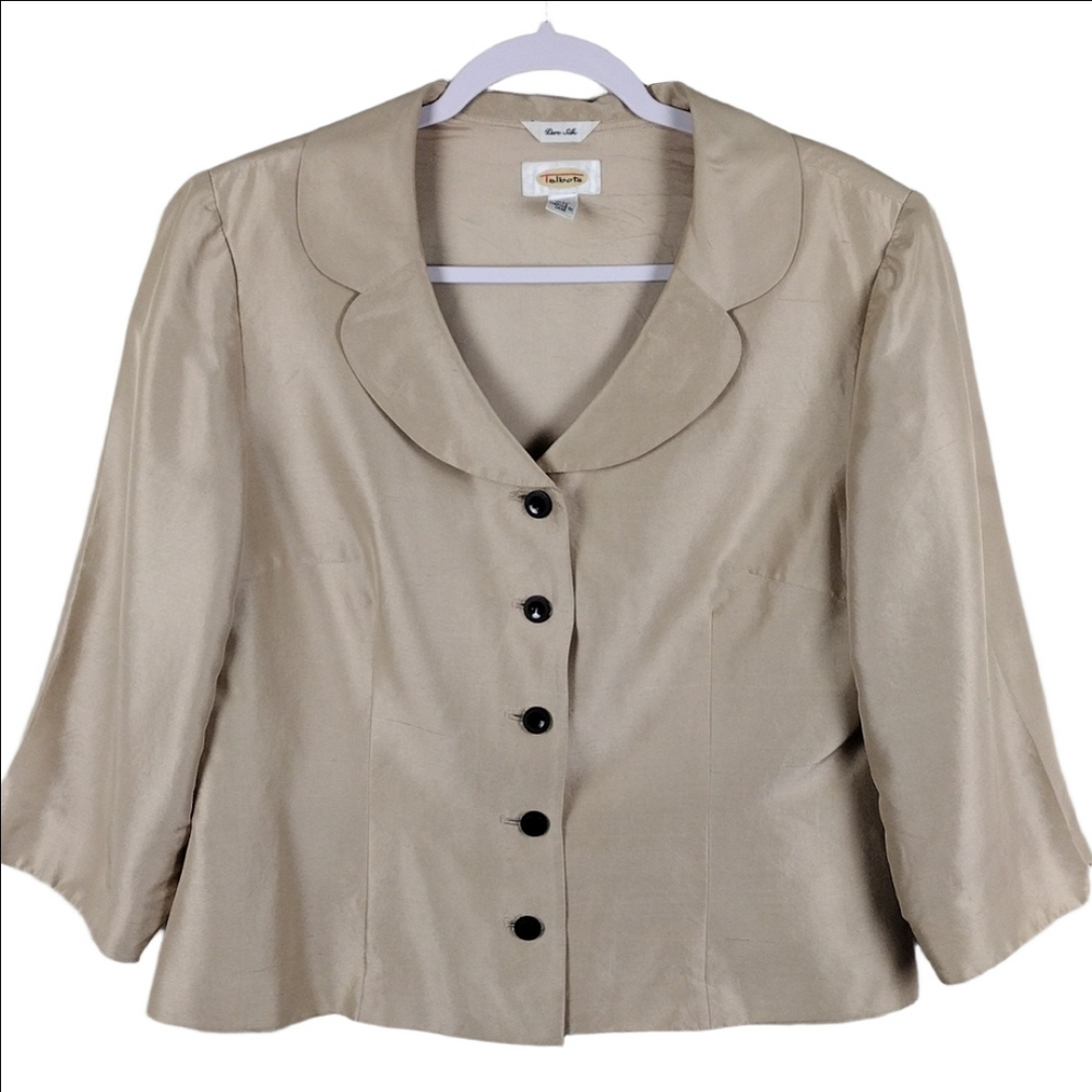Talbots Pure Silk Beige Round One Notched Collar Button Up Long Sleeve Blazer